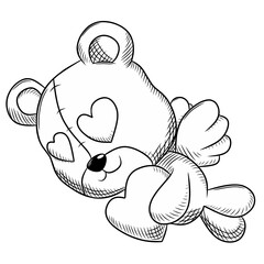 Angel teddy bear bring love black and white vector image, valentine collection, doll collection, teddy bear collection