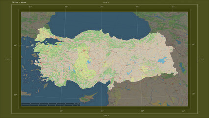 Türkiye composition. OSM Topographic standard style map