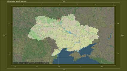 Ukraine between 2014 and 2022 composition. OSM Topographic standard style map