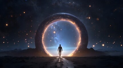 man walking towards a wormhole, another dimension