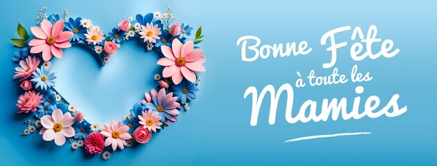 Banner, bannière, composition de fleurs en forme de cœur pour la fête des grand-mères - IA générative - obrazy, fototapety, plakaty