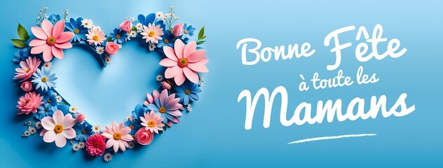 Banner, bannière, composition de fleurs en forme de cœur pour la fête des mères - IA générative - obrazy, fototapety, plakaty