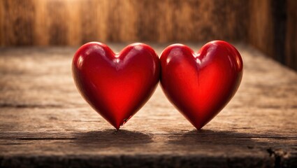 Fototapeta premium Two vibrant red hearts, perfectly symmetrical, standing tall on a rustic wooden table. The soft, romantic background sets the mood for a passionate love story