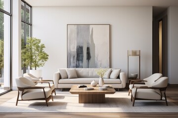 Fototapeta premium A minimalist living room featuring a sleek sofa and chairs, characterized by clean lines and a neutral color palette
