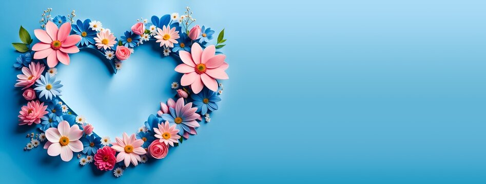 Banner, bannière, composition de fleurs en forme de cœur pour la fête des mères, grand-mères, saint Valentin - IA générative © CURIOS