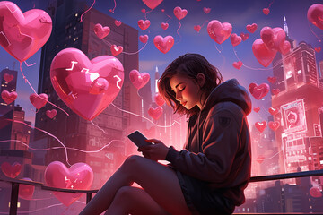 Illustration of a futuristic world where people exchange digital love notes on St. Valentine's Day. Explore the patterns in the messages, emojis, and virtual expressions of affection.