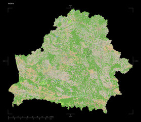 Belarus shape isolated on black. OSM Topographic French style map