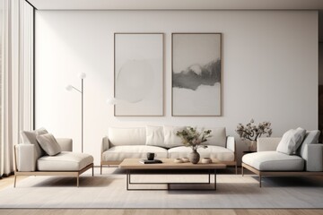 A minimalist living room featuring a sleek sofa and chairs, characterized by clean lines and a neutral color palette
