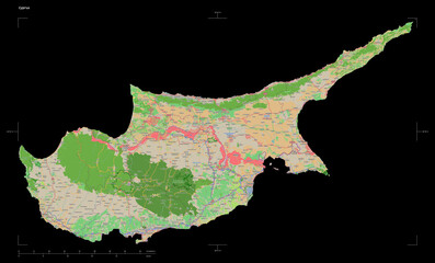 Cyprus shape isolated on black. OSM Topographic French style map