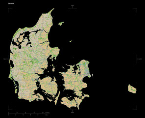Denmark shape isolated on black. OSM Topographic French style map