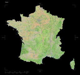 France shape isolated on black. OSM Topographic French style map