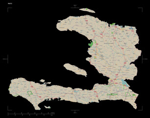 Haiti shape isolated on black. OSM Topographic French style map