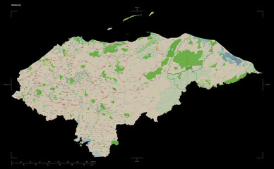 Honduras shape isolated on black. OSM Topographic French style map