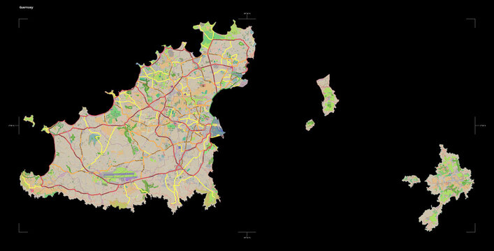 Guernsey shape isolated on black. OSM Topographic French style map