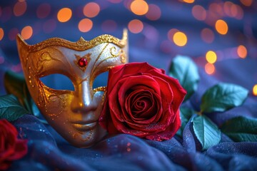 Venetian carnival mask and red rose on dark purple background with shiny golden streamers and glitter. Carnival party concept. Festive backdrop for design card, banner, flyer with copy space