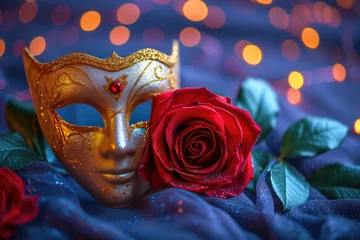 Poster Venetian carnival mask and red rose on dark purple background with shiny golden streamers and glitter. Carnival party concept. Festive backdrop for design card, banner, flyer with copy space © ratatosk