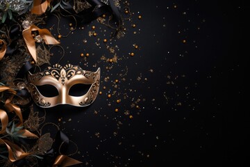 Venetian carnival mask with shiny golden streamers and glitter on black background. Carnival party concept. Festive backdrop for design card, banner, flyer with copy space - obrazy, fototapety, plakaty