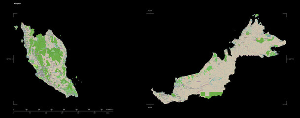 Malaysia shape isolated on black. OSM Topographic French style map