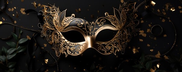 Venetian carnival mask with shiny golden streamers and glitter on black background. Carnival party concept. Festive backdrop for design card, banner, flyer with copy space