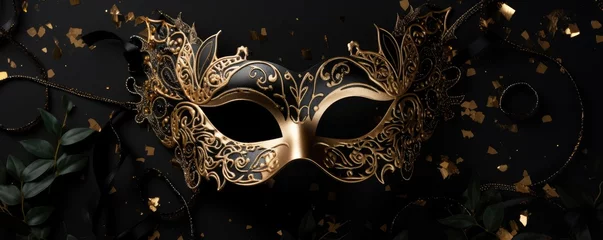 Foto auf Acrylglas Antireflex Venetian carnival mask with shiny golden streamers and glitter on black background. Carnival party concept. Festive backdrop for design card, banner, flyer with copy space © ratatosk