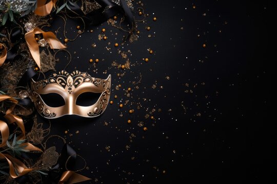 Venetian carnival mask with shiny golden streamers and glitter on black background. Carnival party concept. Festive backdrop for design card, banner, flyer with copy space
