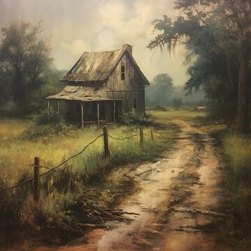 Country farmhouse oil painting vintage moody Ai generated art
