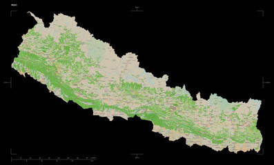 Nepal shape isolated on black. OSM Topographic French style map