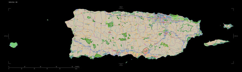 Puerto Rico - USA shape isolated on black. OSM Topographic French style map