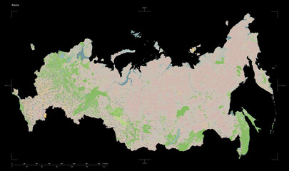 Russia shape isolated on black. OSM Topographic French style map