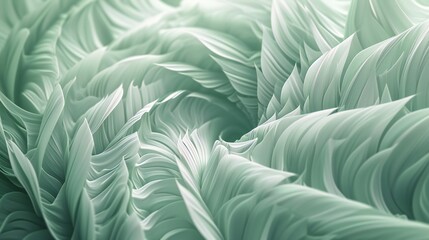 Minty-green fern fronds in close-up, spiraling in a 3D dance of soothing elegance. - obrazy, fototapety, plakaty