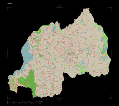 Rwanda shape isolated on black. OSM Topographic French style map