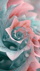 Muted teal and coral hues merging on fern leaves, a 3D spiral fusion of calming patterns in a light and refreshing dance.