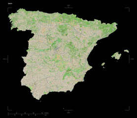 Spain shape isolated on black. OSM Topographic French style map