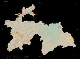 Tajikistan shape isolated on black. OSM Topographic French style map