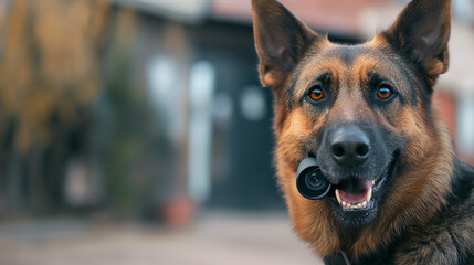 Schäferhund als Wachhund eingesetzt mit Überwachungskamera im Maul zwischen den Zähnen Generative AI - obrazy, fototapety, plakaty