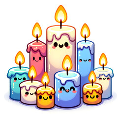 a collection of anthropomorphic candles with cute facial expressions. Each candle has a different color and a friendly face with eyes and a mouth.