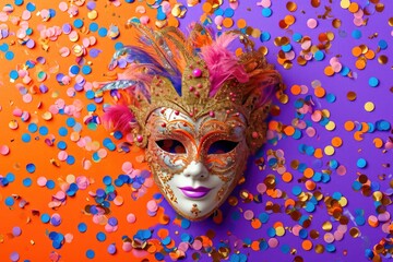 Venetian carnival mask with shiny golden streamers and glitter on orange and purple background. Carnival party concept. Festive backdrop for design card, banner, flyer with copy space