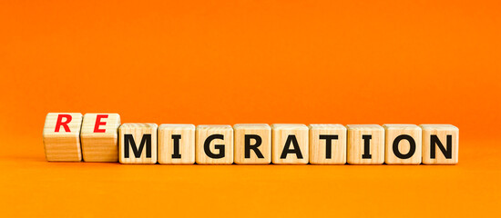 Migration or remigration symbol. Concept word Migration Remigration on beautiful wooden cubes....