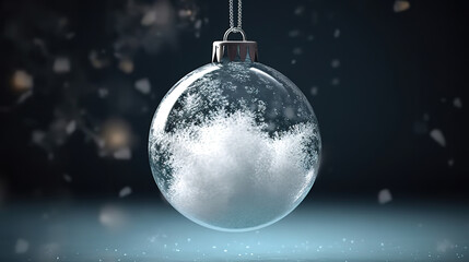 Fototapeta na wymiar Empty snowball decoration on dark background, glass ball winter seasona
