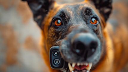 Schäferhund als Wachhund eingesetzt mit Überwachungskamera im Maul zwischen den Zähnen Generative AI - obrazy, fototapety, plakaty