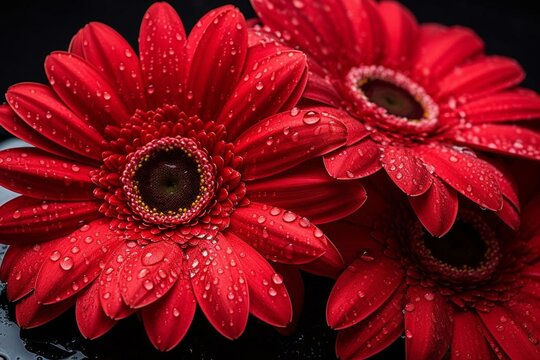 Vibrant red gerbera flowers in full bloom, showcasing the beauty of spring. Water droplets on leaves add a refreshing touch to this picturesque scene. Generative AI