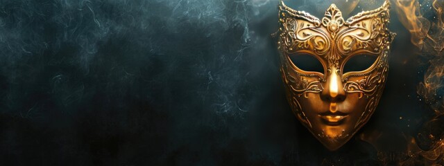 Venetian carnival mask on dark blue background with shiny golden streamers and glitter. Carnival party concept. Festive backdrop for design card, banner, flyer with copy space