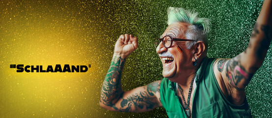 70 year old senior man with tattoo earrings stretches his arms high in exuberance. He is cheering on a soccer team. He shouts the word Schlaaand. German soccer abbreviation for the word Deutschland.