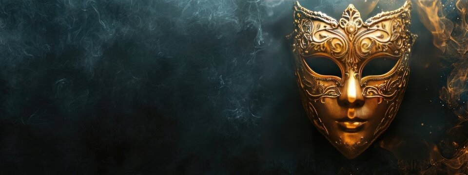 Venetian carnival mask on dark blue background with shiny golden streamers and glitter. Carnival party concept. Festive backdrop for design card, banner, flyer with copy space