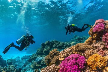 Naklejka na ściany i meble Scuba divers exploring vibrant coral reefs and encountering an a