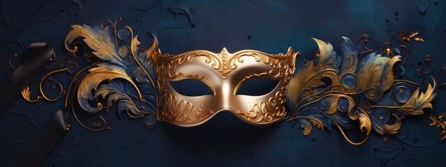 Venetian carnival mask on dark blue background with shiny golden streamers and glitter. Carnival party concept. Festive backdrop for design card, banner, flyer with copy space
