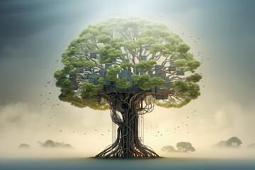 tree in the fog like a brain technology future 