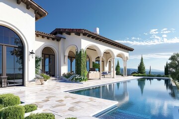 Obraz premium Villa exterior scene with a symmetrical layout, arched doorways, and an elegant infinity pool overlooking scenic views