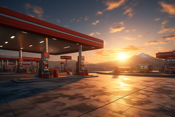 Petrol station with red car at sunset. 3D rendering. - obrazy, fototapety, plakaty