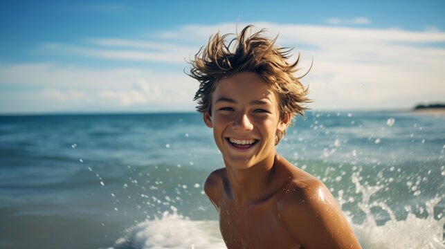 a teenage boy happily enjoying himself on a sunny beach during a warm day. teenage boy on the beach in the summer. travelling alone concept, happy moment.